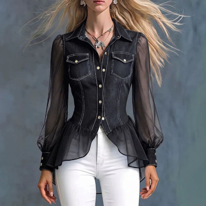 Vintage Contrast Tulle Denim Blouse With Lantern Sleeves For Party Daily