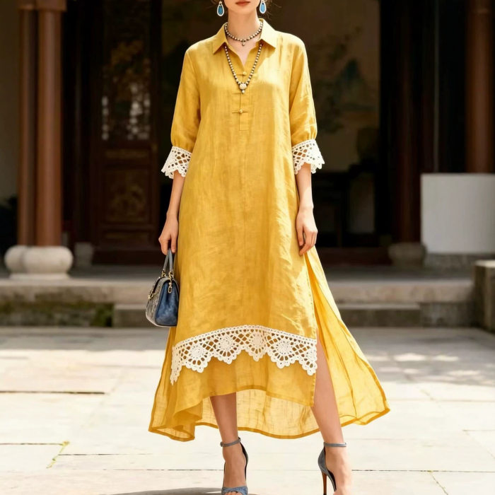 Elegant Turn-down Collar Crochet Lace Split Maxi Shirt Dress For Casual Vacation
