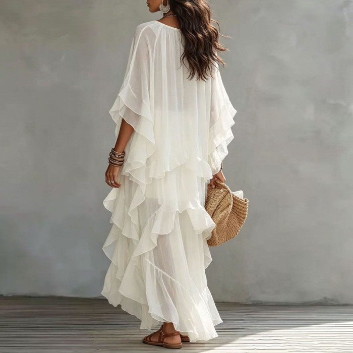Vintage Solid Batwing Sleeve Tiered Mesh Maxi Dress For Holiday Travel Casual