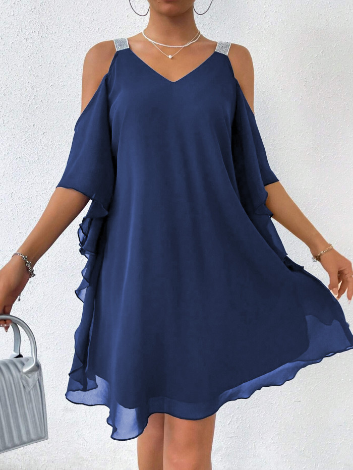 Elegant V Neck Off Shoulder Chiffon Summer Dress For Daily Dating