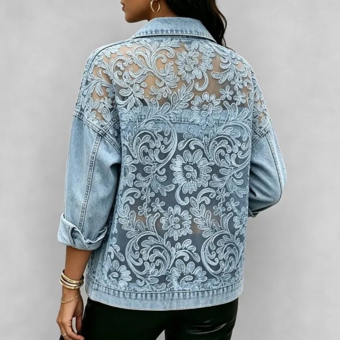 See-Through Lace Patchwork Loose Long Sleeve Denim Jacket For Street Casual