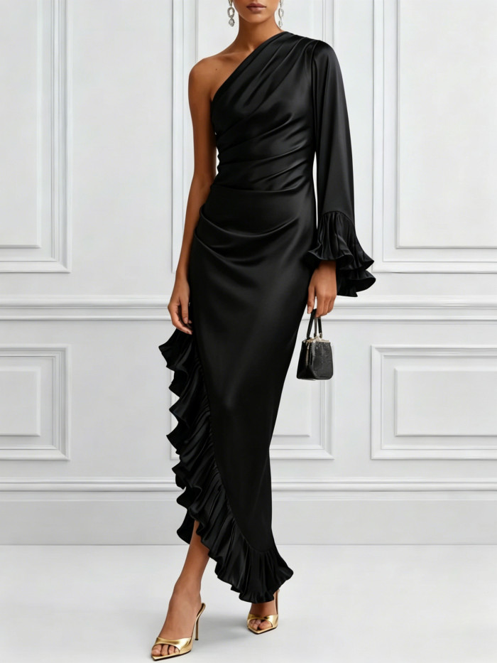 Elegant One Shoulder Lace Hem Slim Long Dress For Party & Street Summer Wear