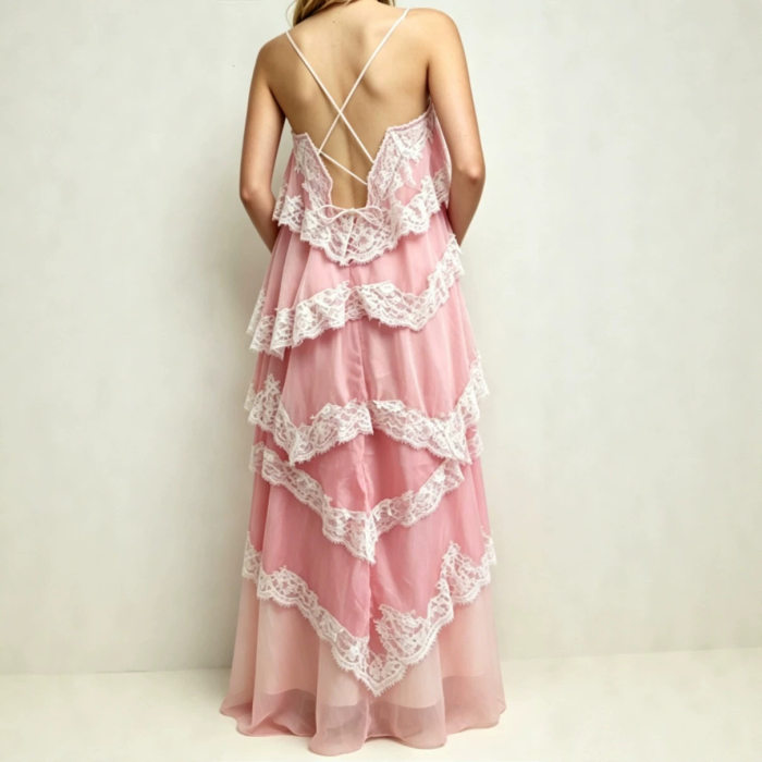 Spaghetti Strap Lace Ruffle Tiered Maxi Dress For Beach Vacation & Evening Party
