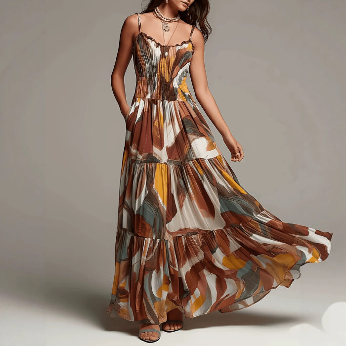 Vintage Abstract Print Spaghetti Strap A-Line Maxi Dress For Bohemian Holiday