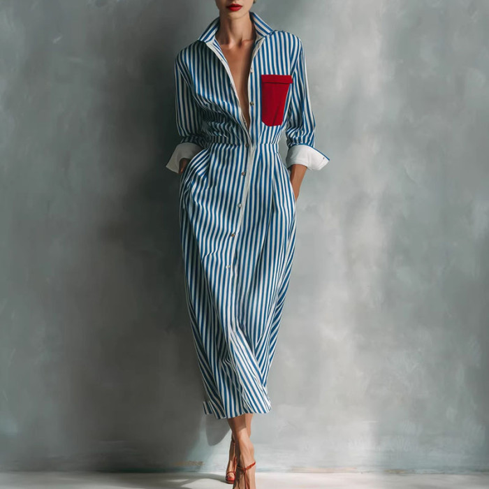 Vintage Striped Turn Down Collar Shirt Midi Dress For Resort Travel Casual