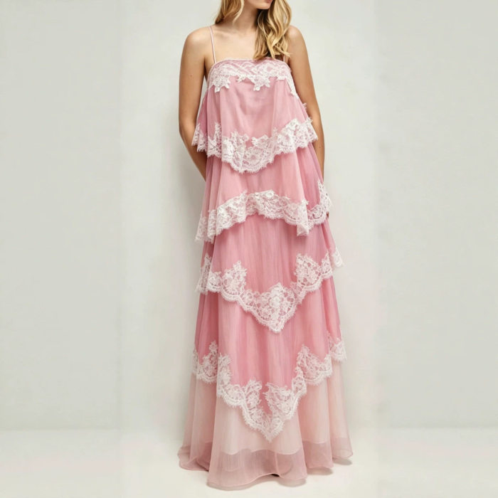 Spaghetti Strap Lace Ruffle Tiered Maxi Dress For Beach Vacation & Evening Party