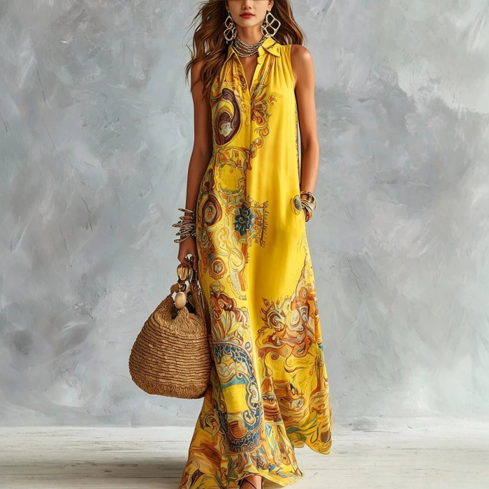 Elegant Sleeveless Printed Turndown Collar Long Dress For Summer Boho Casual