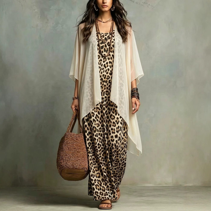 Leopard Print Spaghetti Strap Dress & Sheer Cover Up Two Piece Set For Beach Vacation