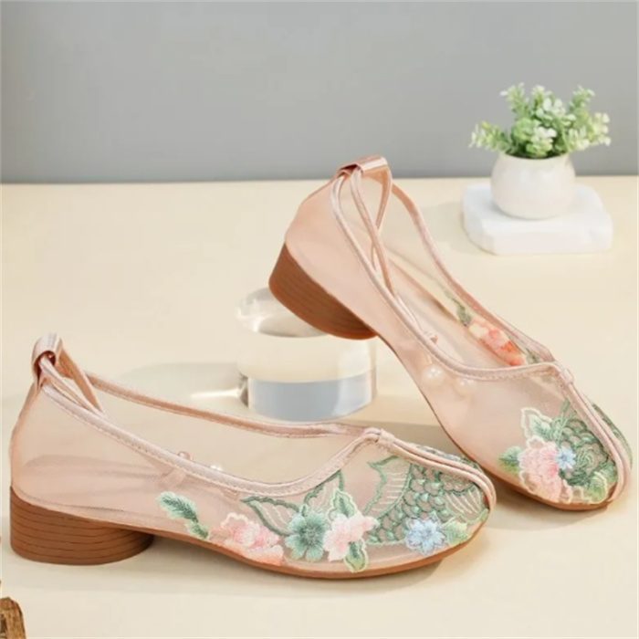 Embroidered Mesh Vintage Thick Heel Sandals Soft Non Slip Shoes