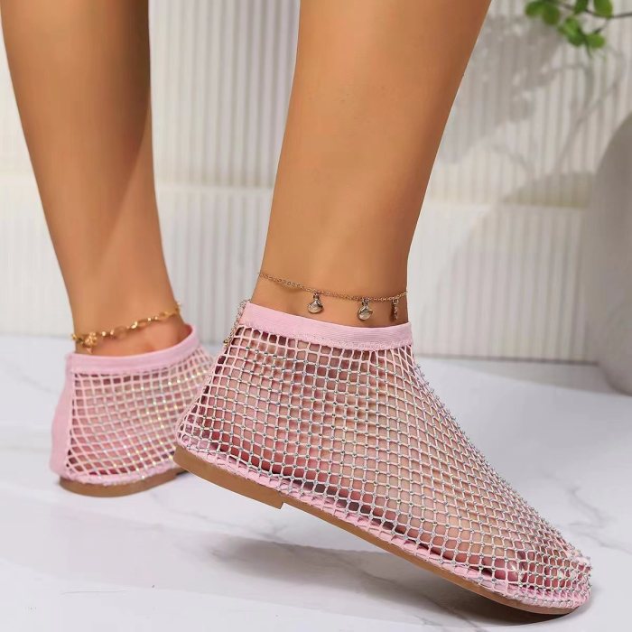Hollow Fishnet Rhinestone Elastic Flat Sandal Slippers For Women Summer Daily Wear
