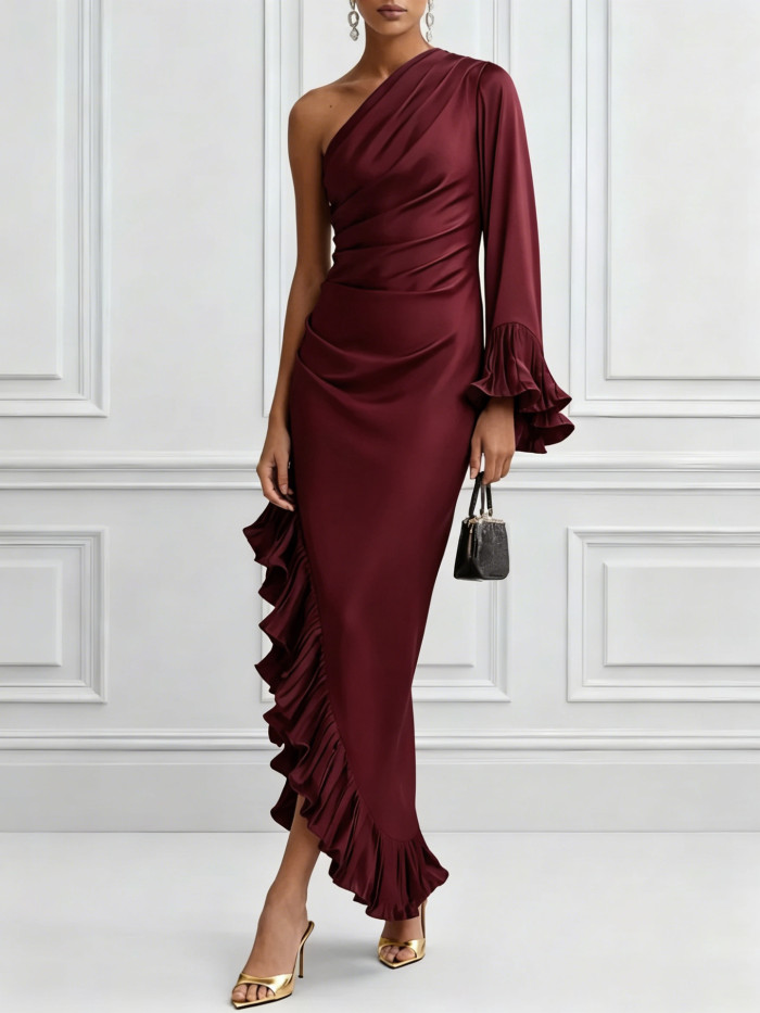Elegant One Shoulder Lace Hem Slim Long Dress For Party & Street Summer Wear