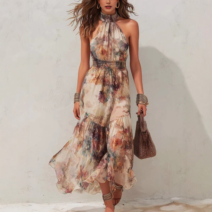 Elegant Halter Off Shoulder Floral Long Dress For Party & Beach