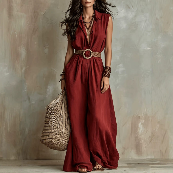 Sleeveless Collared Belted Wide Leg Jumpsuit For Summer Commuting Casual