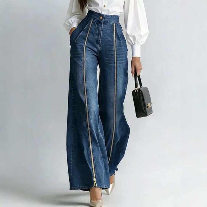 High Waist Loose Wide Leg Jeans With Zipper Decor & Slant Pockets For Daily Casual