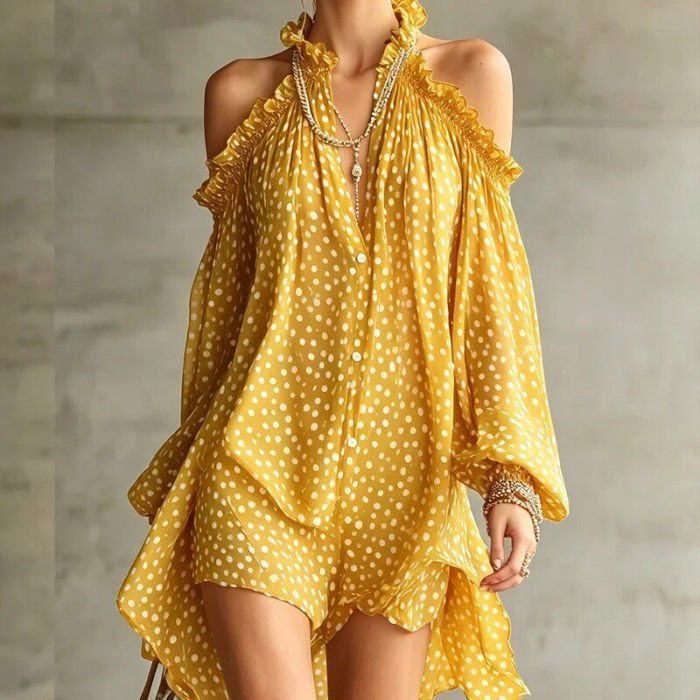 Polka Dot Halter Cold Shoulder Long Sleeve Mini Dress For Cocktail Party