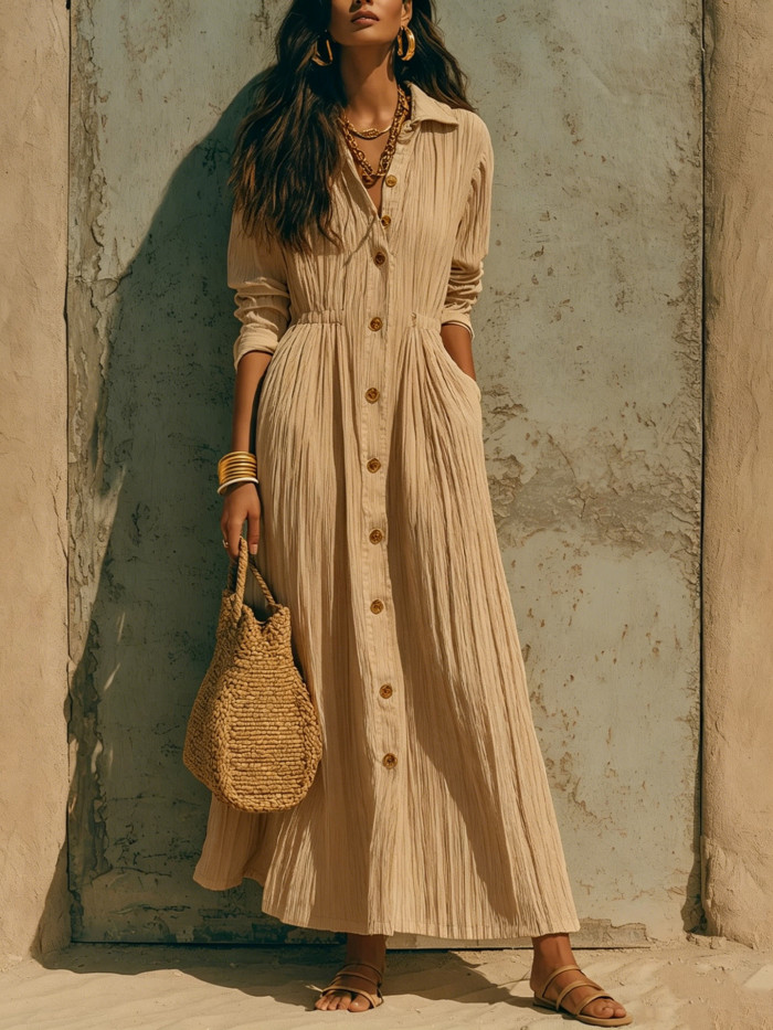 Solid Turn-Down Collar Single-Breasted Long Sleeve Maxi Dress For Party & Streetwear