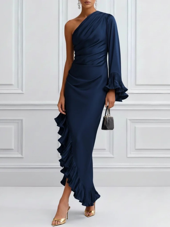 Elegant One Shoulder Lace Hem Slim Long Dress For Party & Street Summer Wear