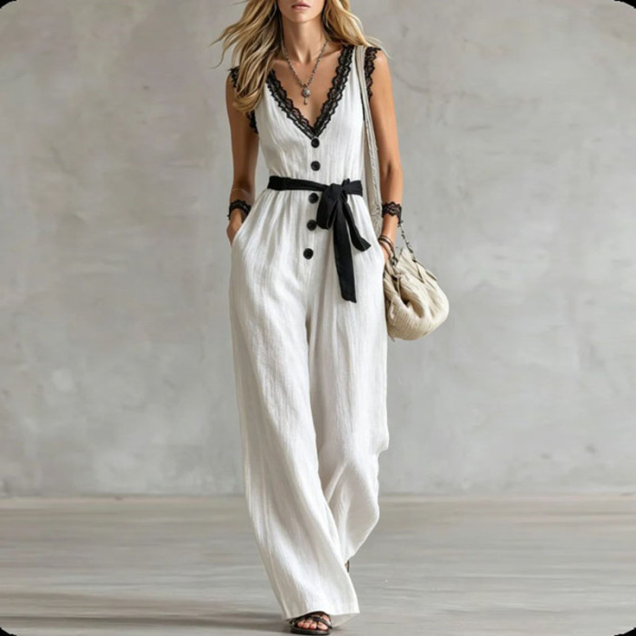 Solid V-Neck Sleeveless Lace Edge Belted Wide Leg Jumpsuit With Pockets For Women Summer Vacation Casual