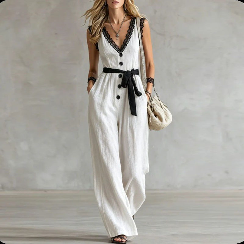 Solid V-Neck Sleeveless Lace Edge Belted Wide Leg Jumpsuit With Pockets For Women Summer Vacation Casual