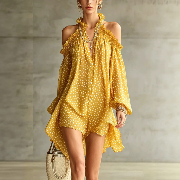 Polka Dot Halter Cold Shoulder Long Sleeve Mini Dress For Cocktail Party