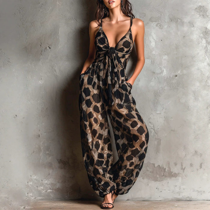 Leopard Print Thin Strap V Neck Twist Front Wide Leg Jumpsuit For Dating & Holiday
