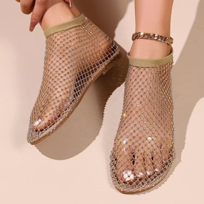 Hollow Fishnet Rhinestone Elastic Flat Sandal Slippers For Women Summer Daily Wear