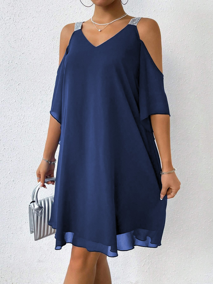 Elegant V Neck Off Shoulder Chiffon Summer Dress For Daily Dating