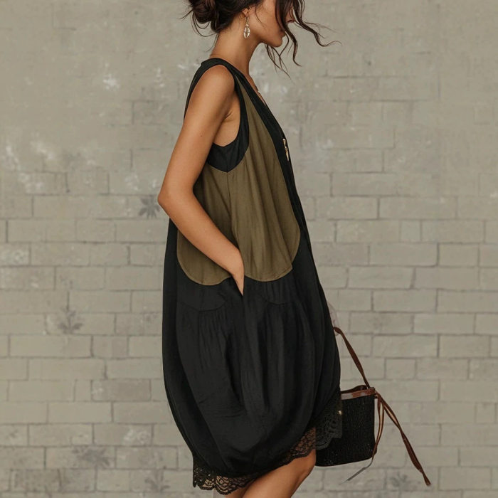 Boho Color Block Patchwork Sleeveless V Neck Midi Dress For Holiday Streetwear