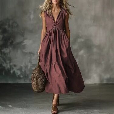 Solid Sleeveless Deep V Neck Loose Maxi Dress For Summer Party & Holiday
