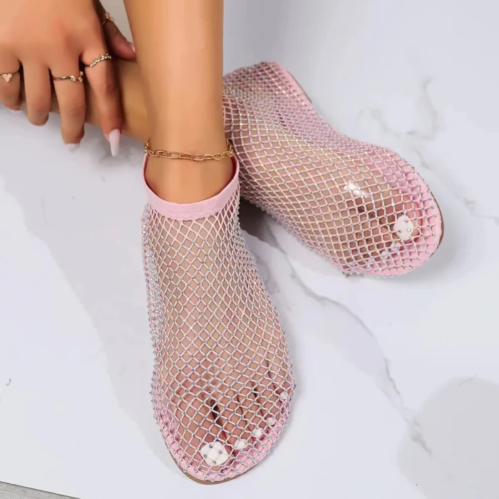 Hollow Fishnet Rhinestone Elastic Flat Sandal Slippers For Women Summer Daily Wear