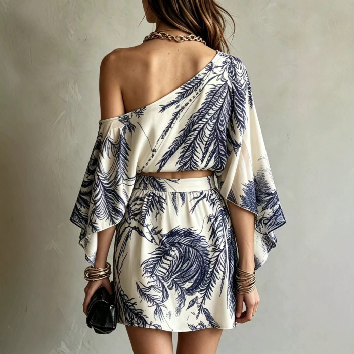 Print One Shoulder Bat Sleeve Top & High Waist Mini Skirt Two Piece Set For Summer Casual