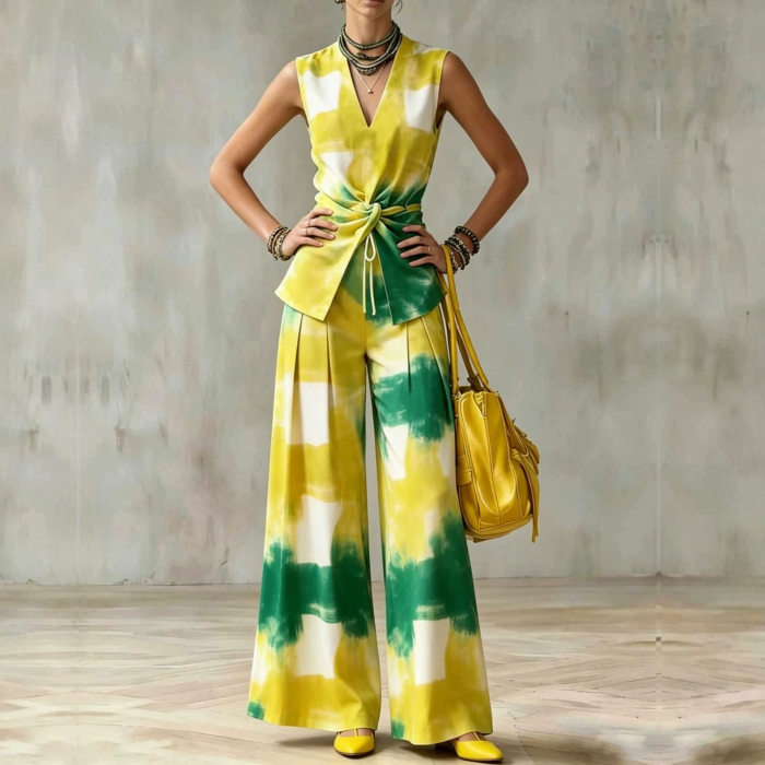Tie Dye Sleeveless Twist Waist Top & Wide Leg Pants Two Piece Set For Summer Vacation