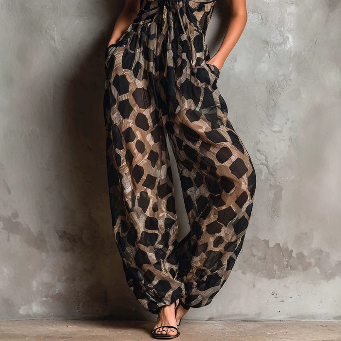 Leopard Print Thin Strap V Neck Twist Front Wide Leg Jumpsuit For Dating & Holiday