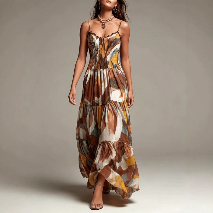 Vintage Abstract Print Spaghetti Strap A-Line Maxi Dress For Bohemian Holiday