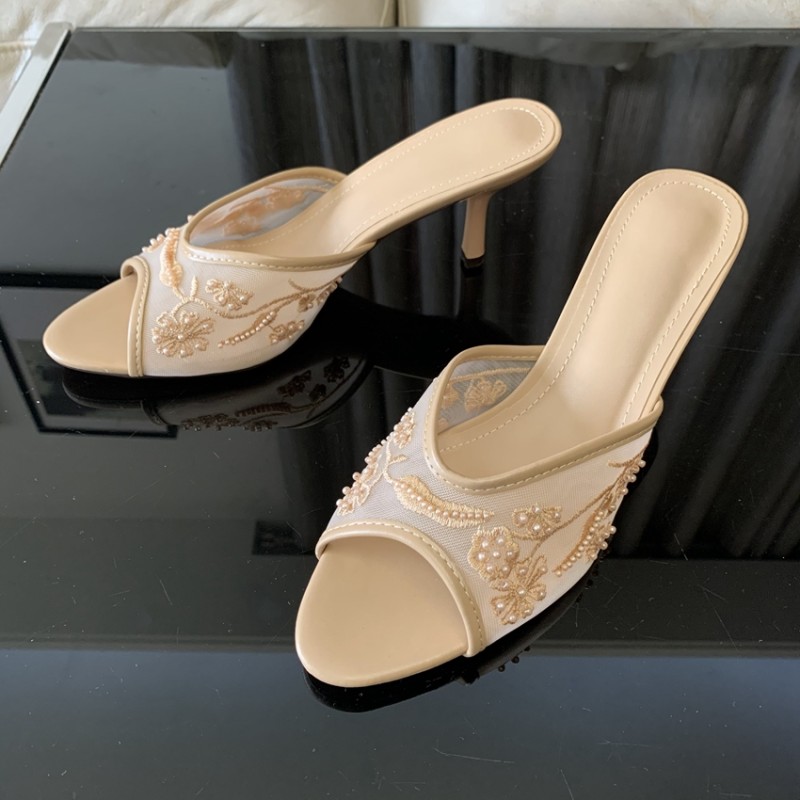 Mesh Embroidered Thin Heel Open Toe Mule Sandals For Women Summer Date Party