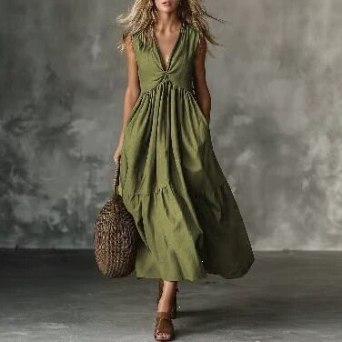 Solid Sleeveless Deep V Neck Loose Maxi Dress For Summer Party & Holiday