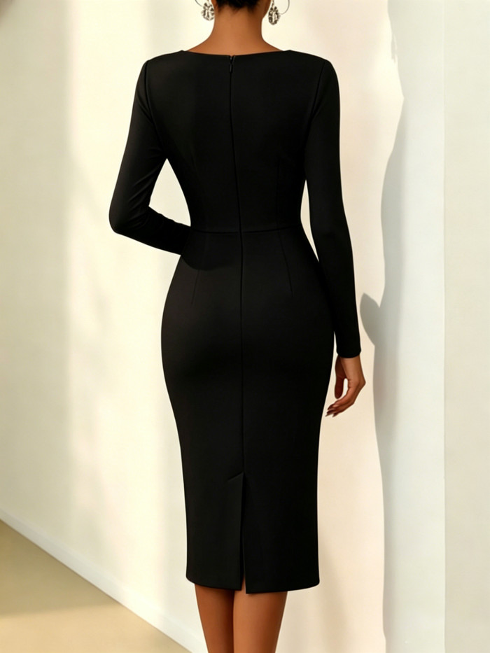Slim Skew Collar Long Sleeve Pencil Dress With Floral Tie Detail For Summer Daily