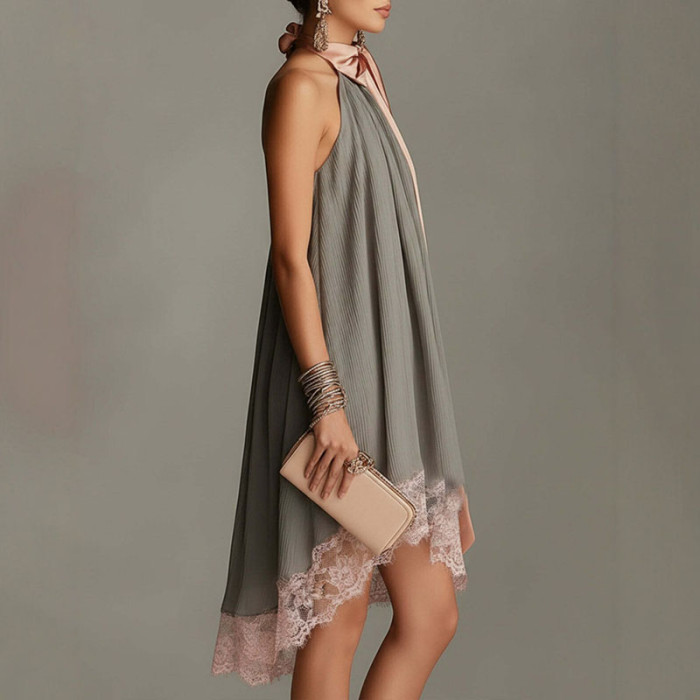 Elegant Bow Halter Crinkle A Line Mini Dress For Bridesmaid & Summer Party