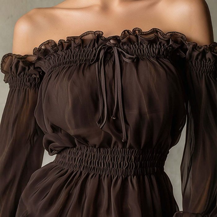 Off Shoulder Ruffle Long Sleeve Slim Waist Blouse For Office & Summer Daily