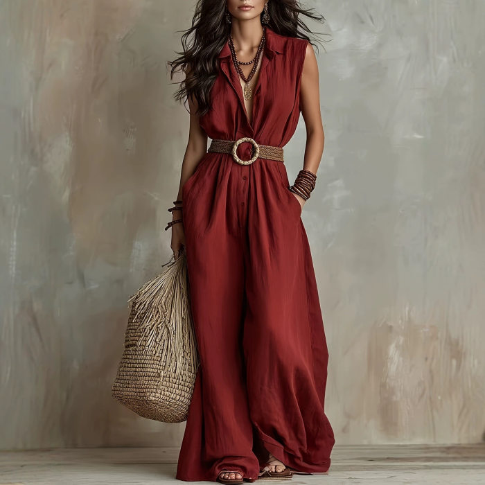 Sleeveless Collared Belted Wide Leg Jumpsuit For Summer Commuting Casual