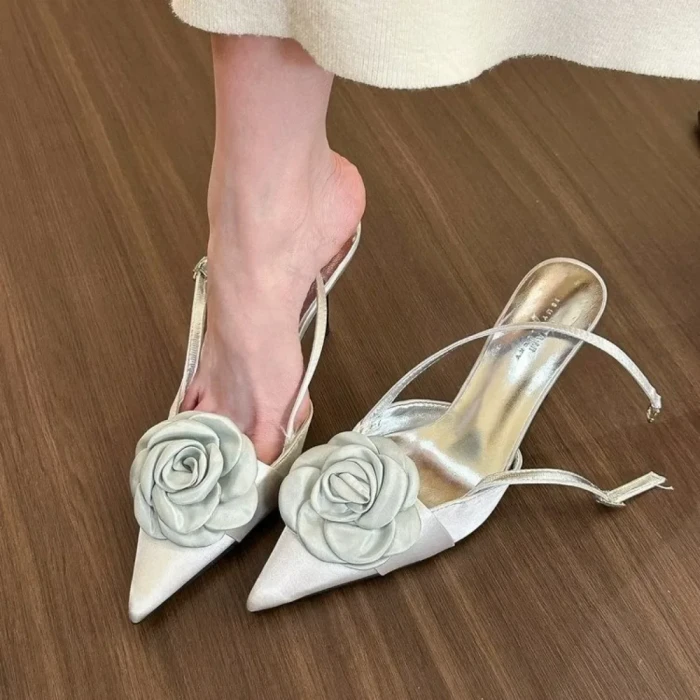 Floral Decor Pointed Toe Stiletto Mule Slides For Summer Dress & Daily Occasions