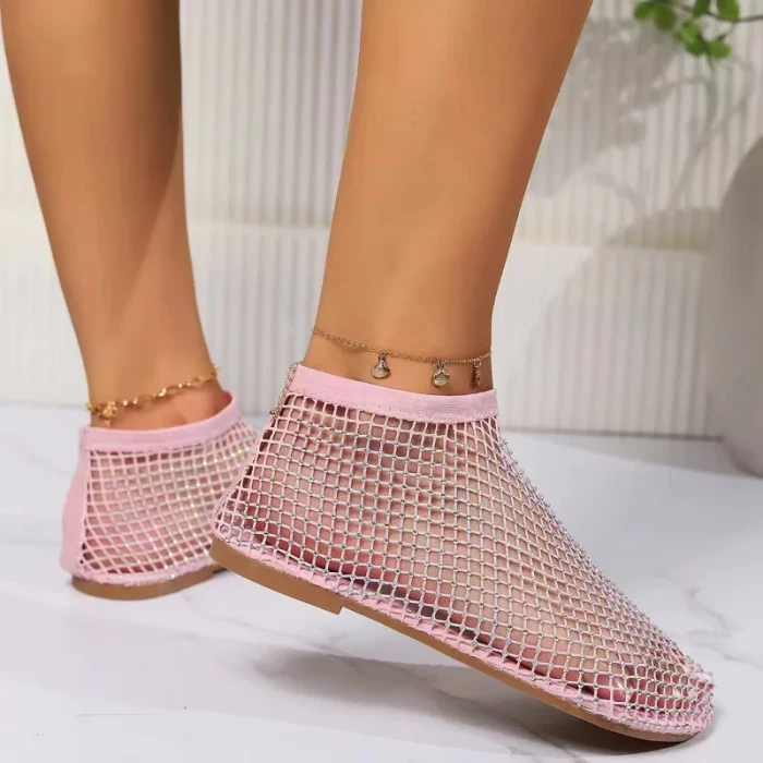 Hollow Fishnet Rhinestone Elastic Flat Sandal Slippers For Women Summer Daily Wear