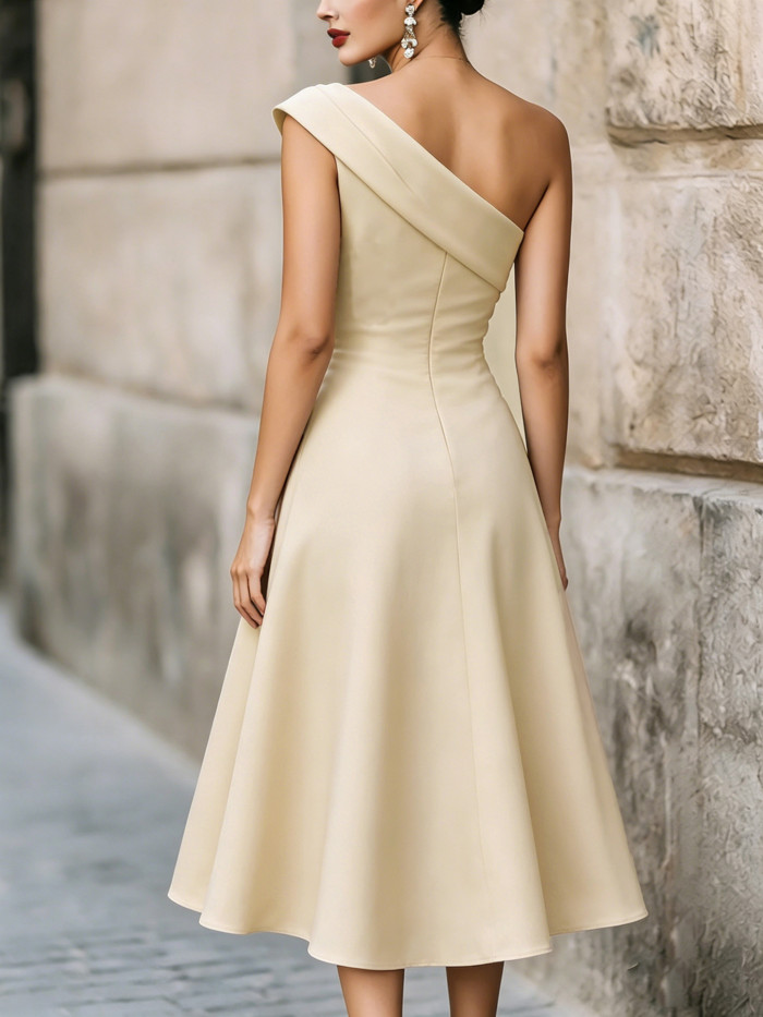 Solid Color Slim One Shoulder Backless Midi Dress For Summer Party