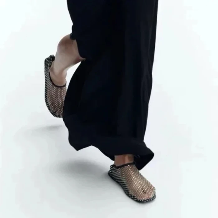 Hollow Fishnet Rhinestone Elastic Flat Sandal Slippers For Women Summer Daily Wear