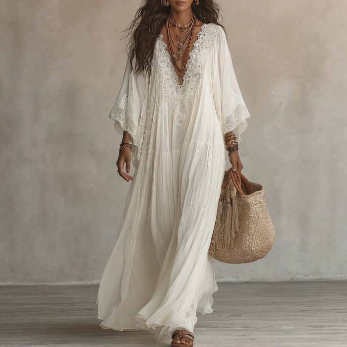 Solid V Neck Lace Trim Flowy Maxi Dress For Beach Holiday & Party