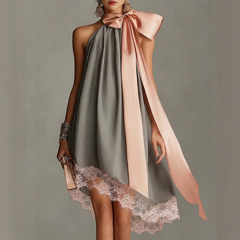 Elegant Bow Halter Crinkle A Line Mini Dress For Bridesmaid & Summer Party