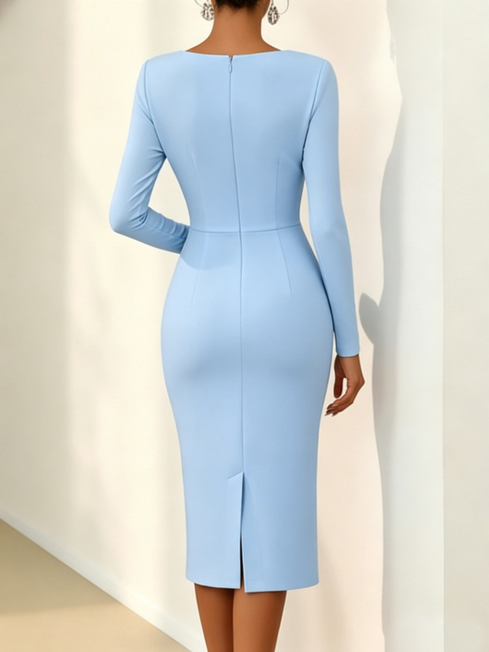 Slim Skew Collar Long Sleeve Pencil Dress With Floral Tie Detail For Summer Daily