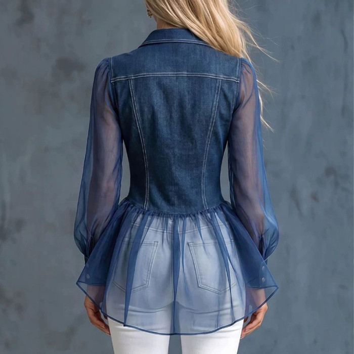 Vintage Contrast Tulle Denim Blouse With Lantern Sleeves For Party Daily