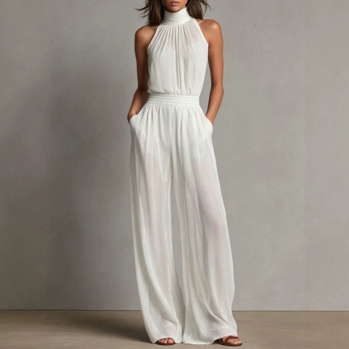 Elegant Sleeveless Halter Wide Leg Jumpsuit For Holiday Street Casual