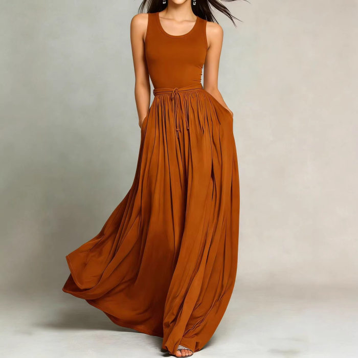 Solid O Neck A-Line Maxi Dress With Pockets For Daily Wear & Holiday